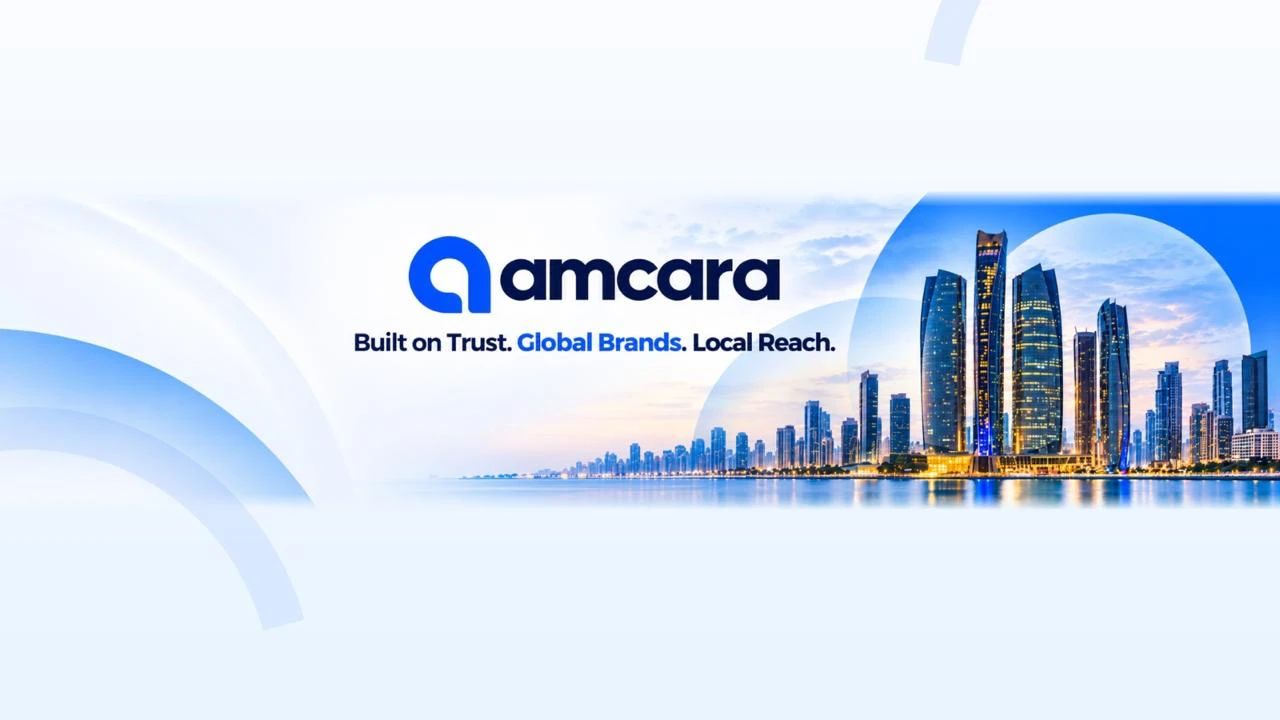 Amcara brand artwork featuring the Abu Dhabi waterfront